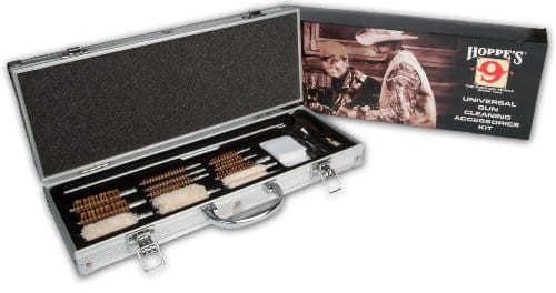 image of an open kit from Hoppes Universal Gun Cleaning Accessories in a silver case