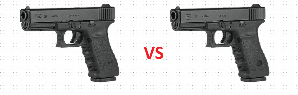 a picture of glock 20 and glock 21 with VS in between them