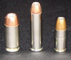a picture of a .45 acp, a .357 magnum and a 9mm