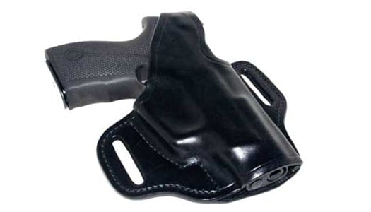The Double Slot Belt Holster by Active Pro Gear has a retention strap that goes over the back of the slide.