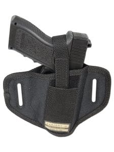 The Barsony 6 Position Ambidextrous Concealment Pancake Holster can be worn in six positions