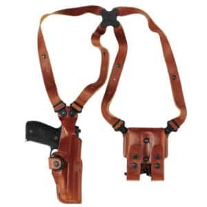 Galco Vertical Shoulder Holster System features the same spider harness with the Flexalon swivel back plate and is available in black or tan