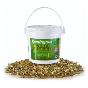 Image of a a bucket of Remington .22 LR bullets (golden Bullet) that come in a bucket