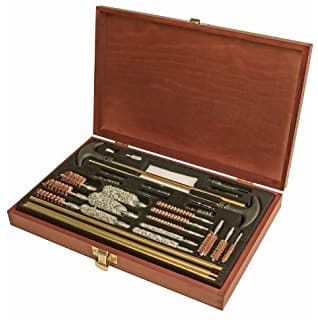 The Outers 28 Piece Universal Gun Cleaning kit comes in a wooden box