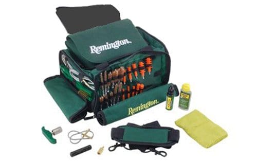 The Remington Gun Cleaning Kit comes in green and a tough fabric case