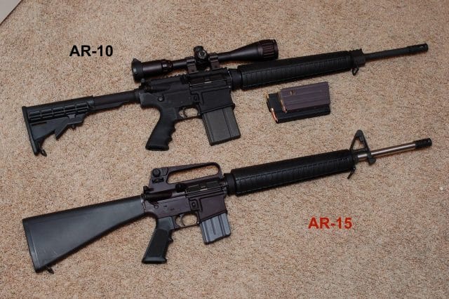 Side by side comparison of the AR-10 and AR-15 rifles Side by side comparison of the AR 10 and AR 15 rifles