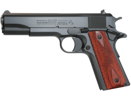 The Colt 1911 features white dot sights and a reduced ejection port 