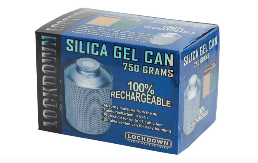 the Lockdown Silica Gel Can Gun Safe Dehumidifier can be recharged in a household oven at 325 degrees Fahrenheit.