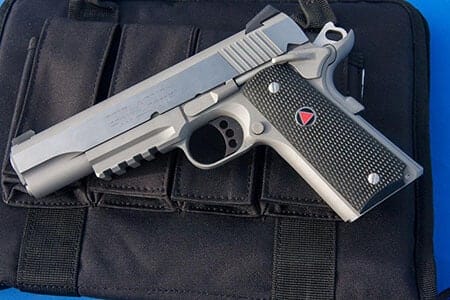 The Colt Delta Elite 10mm Semi Automatic pistol has enough power for medium size game hunting