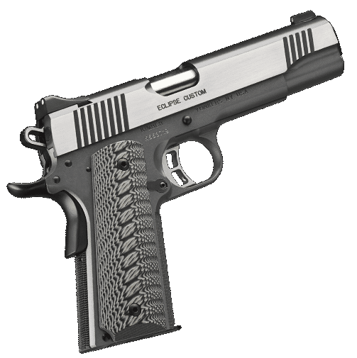 The 10mm Kimber Eclipse Custom II semi automatic pistol has a Commander-style hammer and checkered side release a