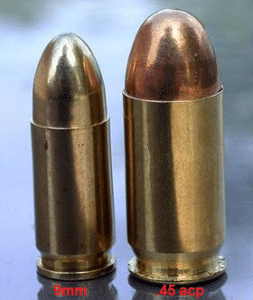 picture of a 9mm bullet and a .45 acp bullet