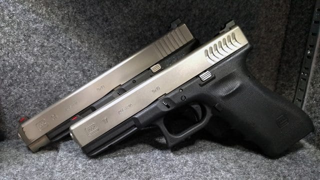 a picture of a glock 17 and a glock 34 with stainless slides