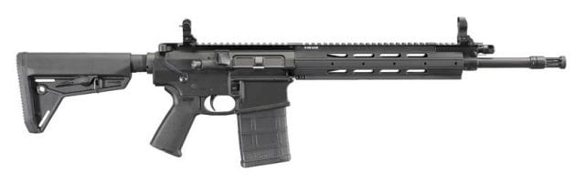 This Ruger SR-762 semi automatic rifle is ,308/7.62 NATO caliber and comes with folding iron sites, picatinny rail and a two stage piston system