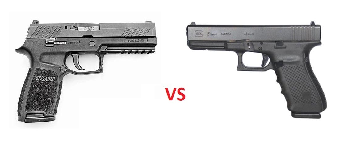 a picture of the SIG P320 and the Glock 21 Gen4 with a VS in the middle