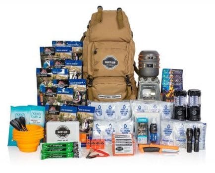 The Sustain Supply Company Survival Bag includes twenty four separate food portions and 48 packets of water all in a backpack