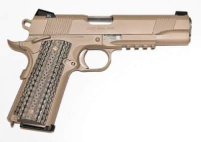 The Colt M45A1 CQBP 1911 45 features a tan coating that is also very corrosion-resistant.