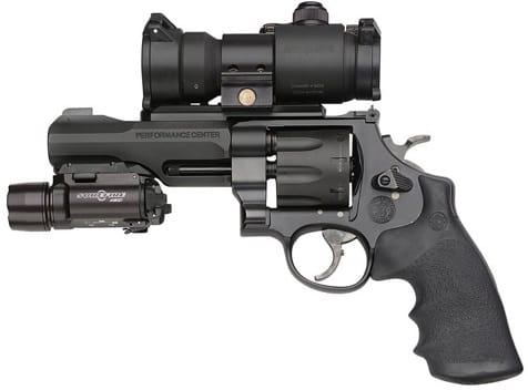 The Smith and Wesson TRR8 .357 magnum revolver with 4-inch barrel and attachments
