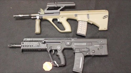 Tavor and AUG rifles allow the user to choose whether they would like the spent shell casings to eject out of the right hand or left handed side of the gun