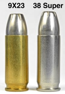 a picture of 9x23 Winchester and 38 Super cartridges