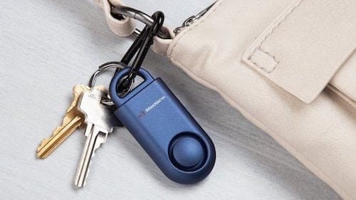 Personal alarm keychain attached to a purse 
