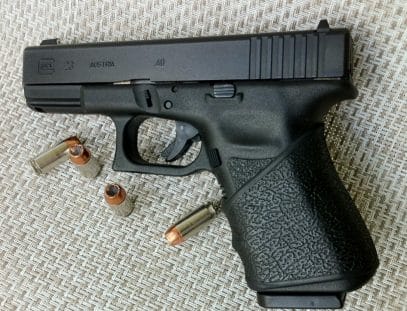 A picture of a Glock handgun chambered in 40 S&W