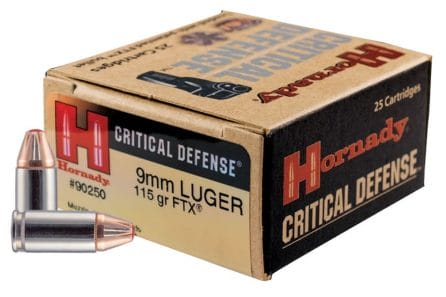 A picture of a box of Hornady 9mm Critical Defense FTX ammo