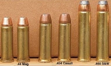 44 Magnum, 454 Casull and 460 S&W Magnum bullets lined up for comparison