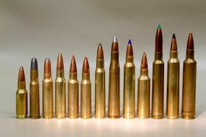 A picture of several different hunting rifle calibers