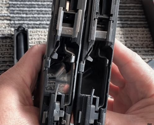 A picture of the Glock 17 Gen 1 and Lipsey's P80 lowers side by side.png