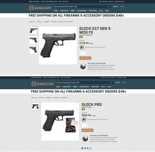 A screenshot of Guns.com webpages comparing Glock 17 Gen 5 vs Lipsey's P80 Pricing