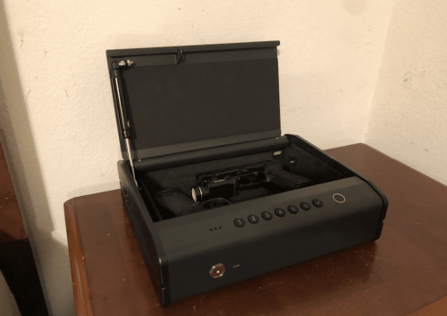 Wide shot of K5 Bedside Biometric Gun Safe open 2 guns