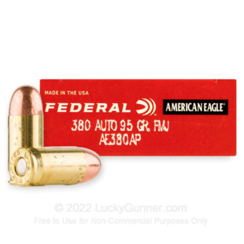 The 380 Auto - 95 Grain FMJ - Federal American Eagle has a 95-grain projectile, which fires with a muzzle velocity of 980 feet per second.