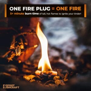 Bigfoot Bushcraft Fire Plugs are easy to start, carry and maintain a 5+ minute burn
