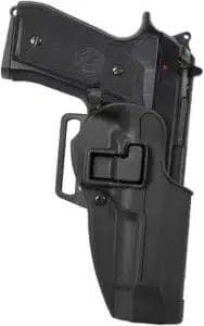 The Blackhawk 410504BK-R Serpa CQC Holster for Beretta M9 has molded carbon fiber with both passive and active retention