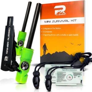 The Rainier Rugged 5-in-1 Glow-in-The-Dark Fire Starters Kit also includes 2 compasses, and 2 signaling mirrors