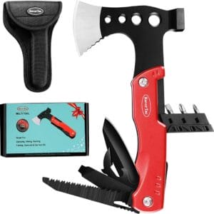 RoverTac 11-in-1 Multitool Stainless Steel Hatchet includes a knife blade, saw, phillips screwdrivers and more. 