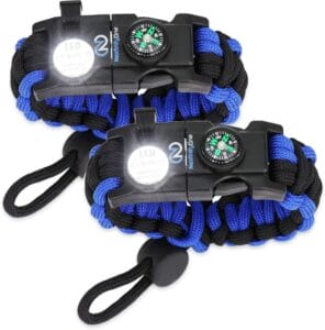 the Survival Paracord Bracelet includes a light, firestarter, compass and whistle